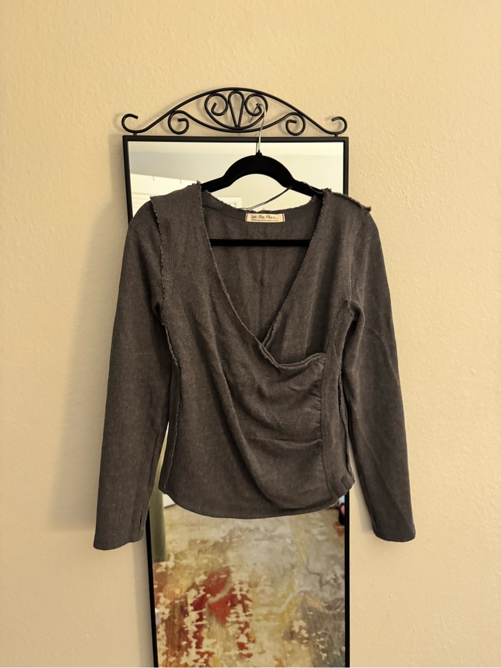 Free People Washed Gray Draped V‑Neck Long Sleeve Top